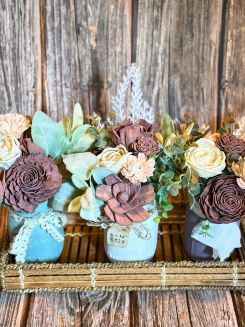 Sola Wood Brown Red Wedding Floral Table Centerpieces Set of 3 Mason Jar Decor